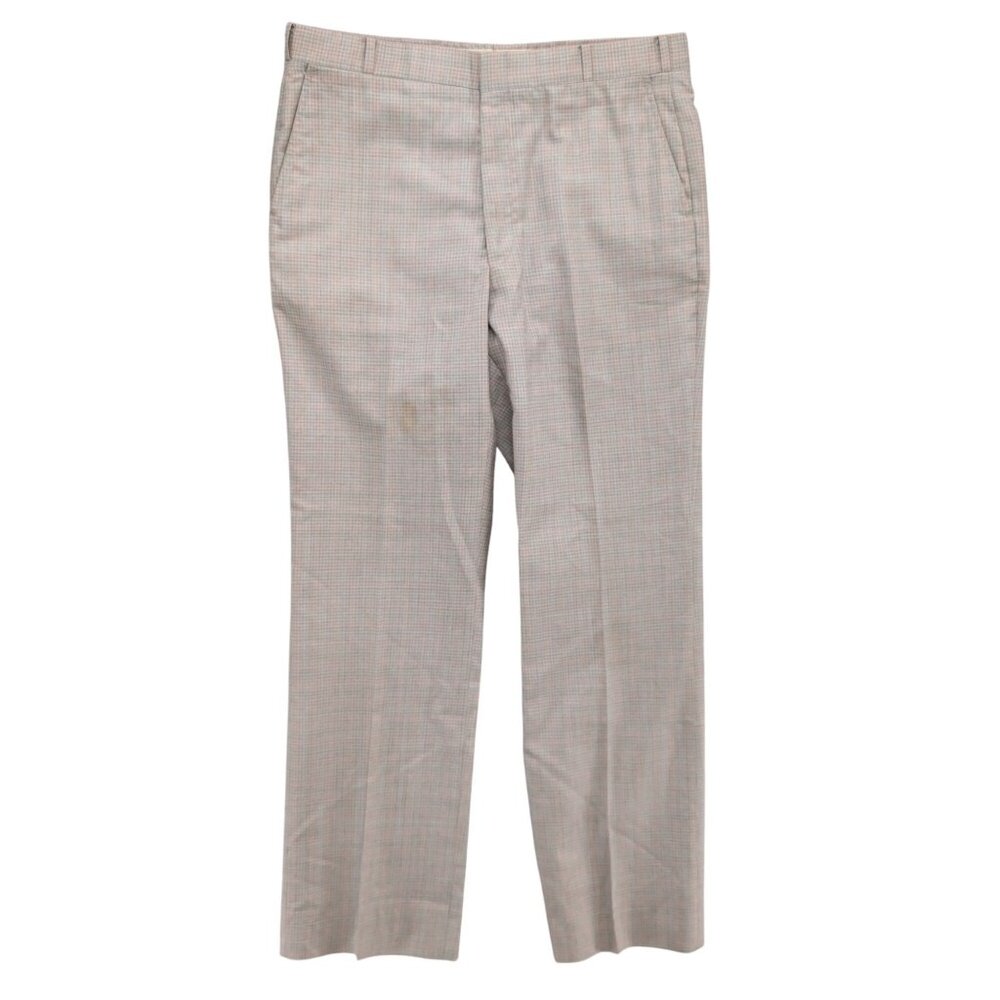 Vtg Jaymar Pants Mens Beige Light Blue Check Flat Front Slacks Size 34x32